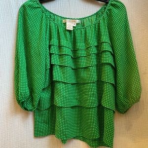 Studio M green white polkadot blouse with ruffle